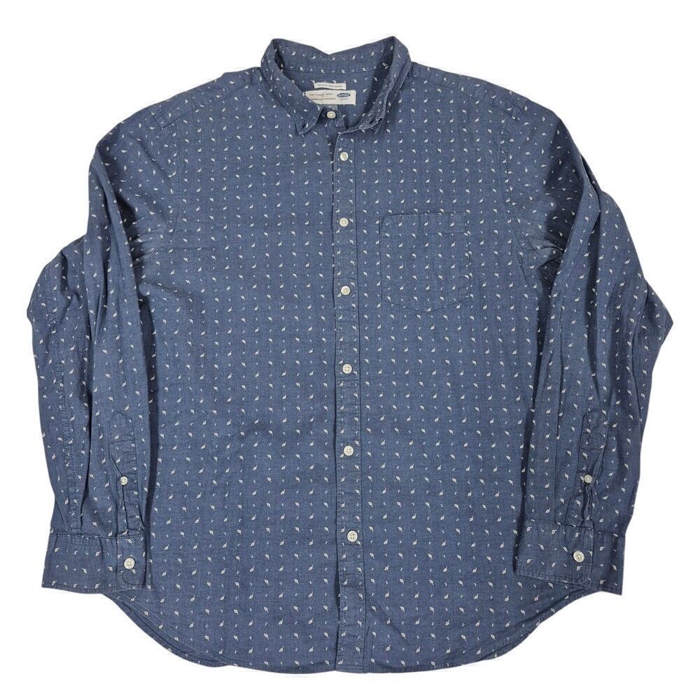 Old Navy Mens Sz XL Classic Shirt Coupe Standard Muted Navy Blue Calico Print